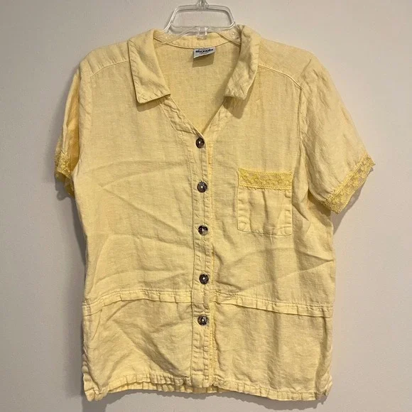 California Threads Shirt Linen Short Sleeve Button Down Blouse Butter Yellow Med - Picture 1 of 5
